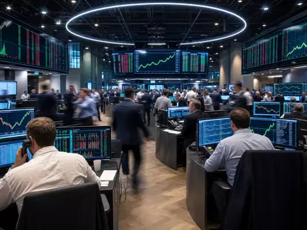 Fraport AG Börse Frankfurt DE0005773303 im Editorial-Foto mit Tradern und Luftfahrt-Kursdiagrammen auf Monitoren - Foto: THN