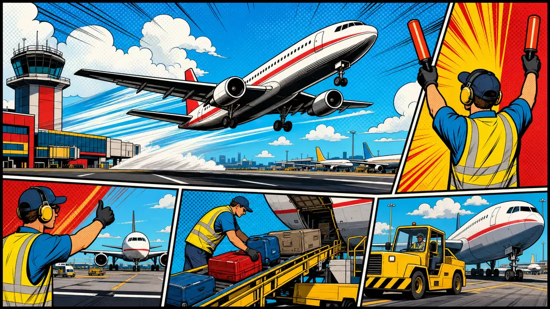 Pop-Art-Comic-Illustration eines startenden Flugzeugs und Bodenpersonals am Flughafen in Primärfarben