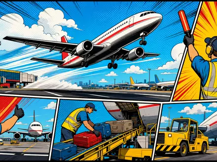 Fraport AG Flughafenaktion DE0005773303 als farbiges Pop-Art-Comic mit startendem Flugzeug und Bodenpersonal - Foto: THN