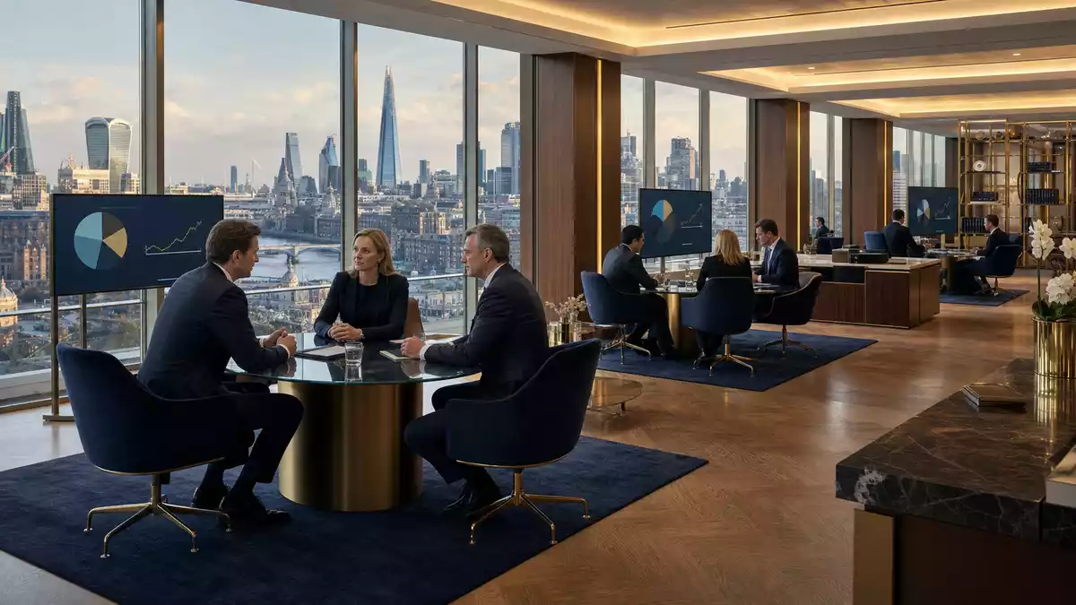 Modernes Londoner Beratungsbüro mit Finanzberatern, Portfoliocharts und Skylineblick
