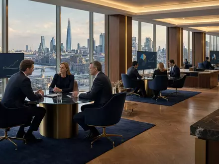 Quilter plc mit ISIN GB00BMV92D64 zeigt elegantes Londoner Vermögensverwaltungsbüro mit Beratern und Skyline-Blick - Foto: THN