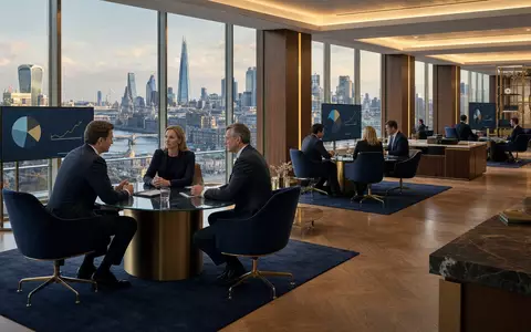 Quilter plc mit ISIN GB00BMV92D64 zeigt elegantes Londoner Vermögensverwaltungsbüro mit Beratern und Skyline-Blick - Foto: THN
