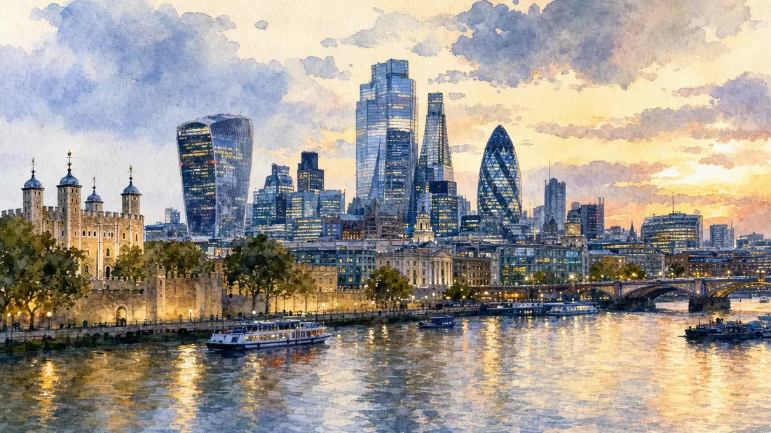 Aquarellgemälde der Londoner Skyline mit Themse, Finanzdistrikt und historischen Türmen