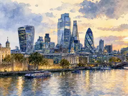 Quilter plc Heimatstadt London im Aquarellstil mit Themse und Finanzdistrikt, ISIN GB00BMV92D64, malerisch dargestellt - Foto: THN