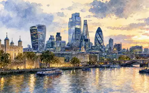 Quilter plc Heimatstadt London im Aquarellstil mit Themse und Finanzdistrikt, ISIN GB00BMV92D64, malerisch dargestellt - Foto: THN