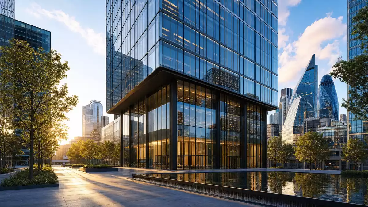 CGI-Render eines modernen Glas-Bürohochhauses im Londoner Finanzviertel bei Sonnenuntergang
