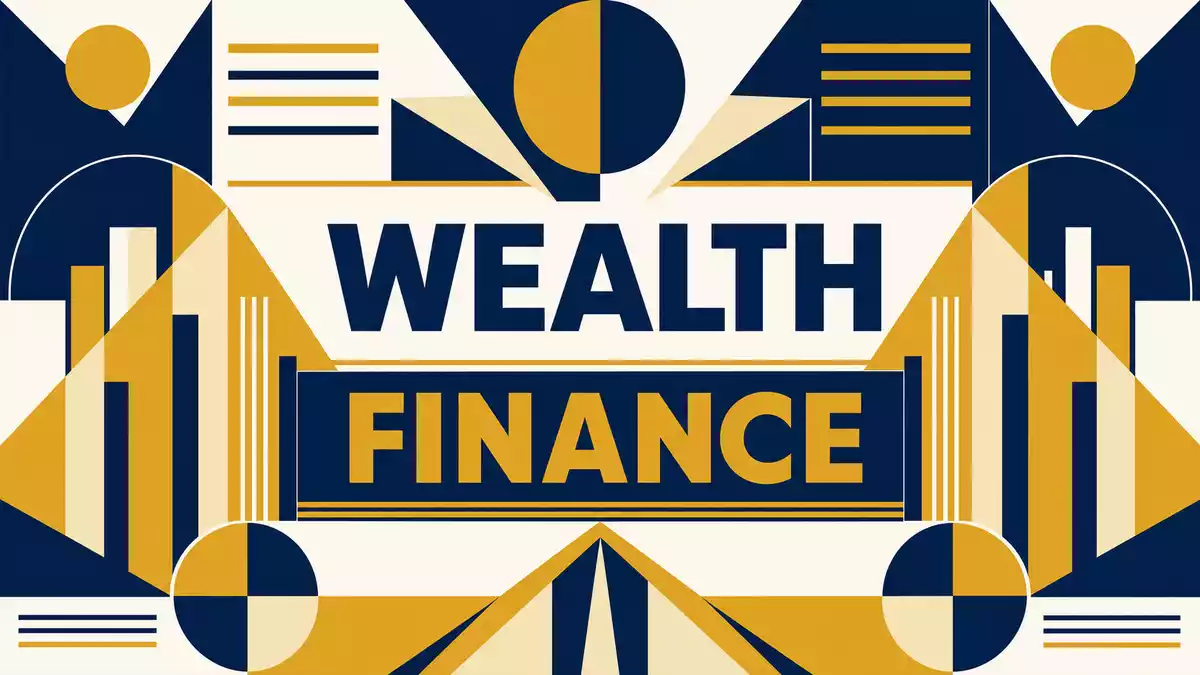 Geometrisches Bauhaus-Poster mit fetten Formen und WEALTH FINANCE Typografie in Navy und Gold