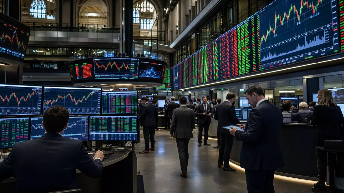 Handelssaal der London Stock Exchange mit Kursanzeigen, Charts und Finanzprofis in Anzügen