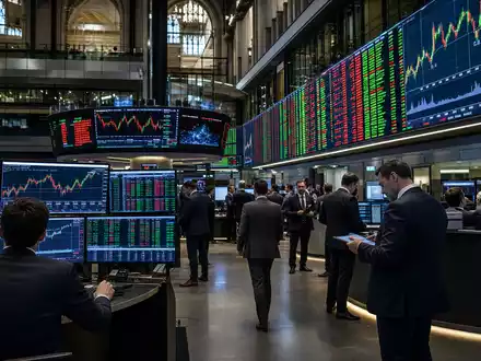 Quilter plc an der London Stock Exchange: FTSE-250-Handelssaal mit Finanzsektorcharts, ISIN GB00BMV92D64, editorial fotografiert - Foto: THN