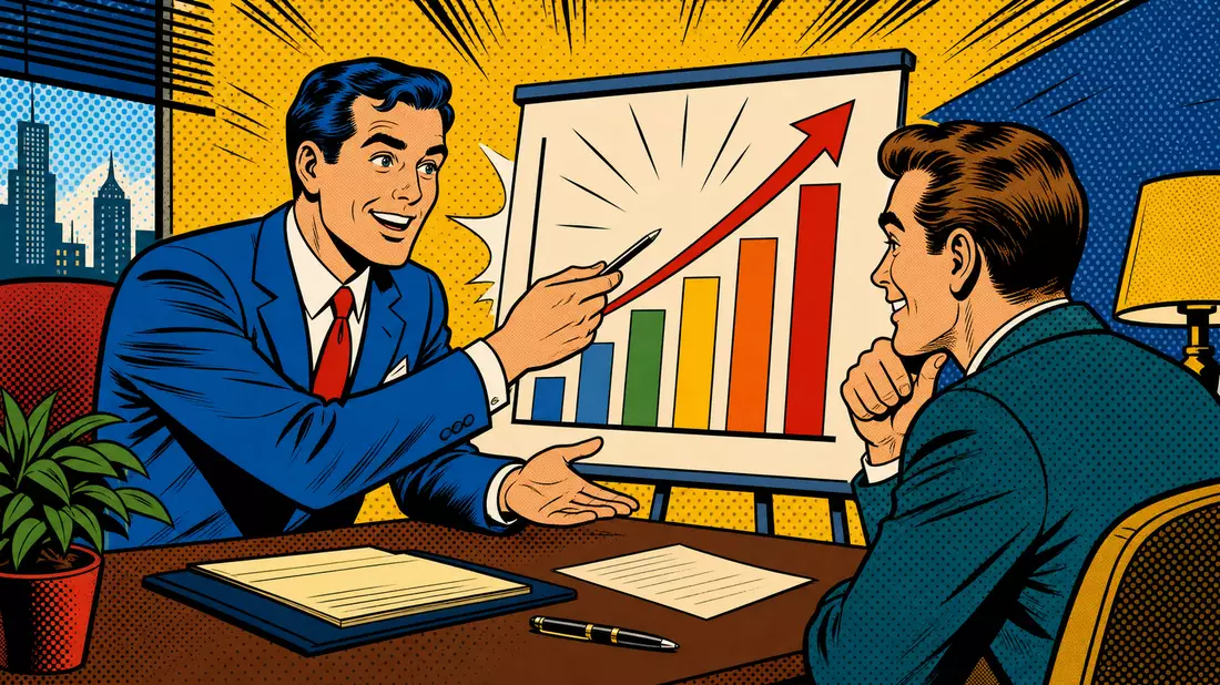 Pop-Art-Comic mit lächelndem Finanzberater, der einem Klienten einen bunten Wachstumschart präsentiert