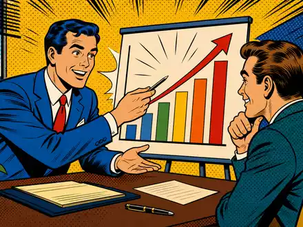 Quilter plc als farbenfroher Pop-Art-Comic mit Finanzberater und Wachstumschart, ISIN GB00BMV92D64, lebendig illustriert - Foto: THN