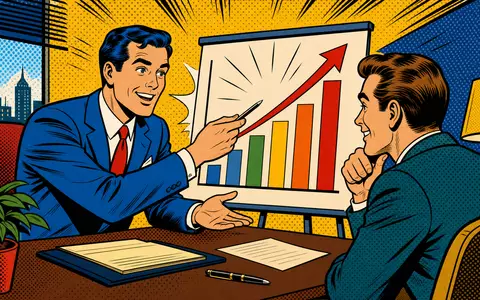 Quilter plc als farbenfroher Pop-Art-Comic mit Finanzberater und Wachstumschart, ISIN GB00BMV92D64, lebendig illustriert - Foto: THN
