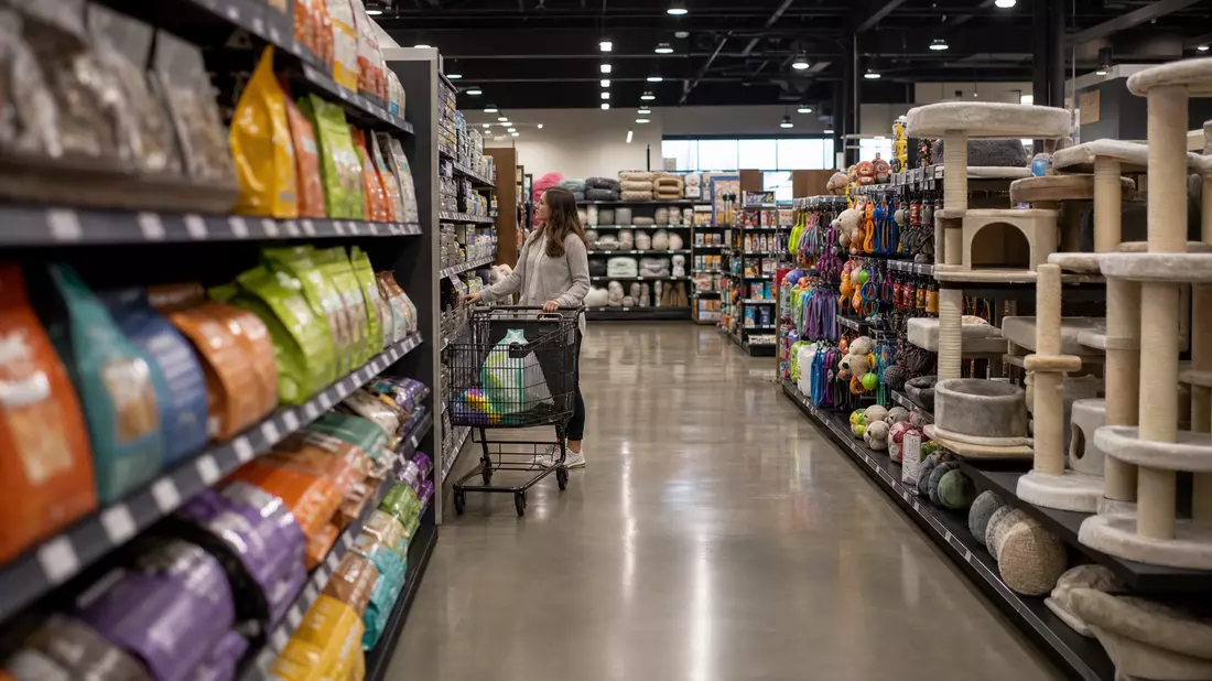 Regale eines Heimtierfachmarkts, fotorealistisch, symbolisiert Pets at Home Group Plc