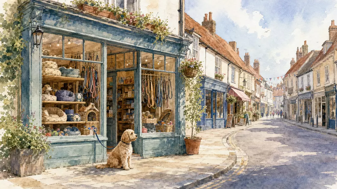 Aquarell einer britischen Einkaufsstraße mit Heimtierbedarf-Fachgeschäft und Hund