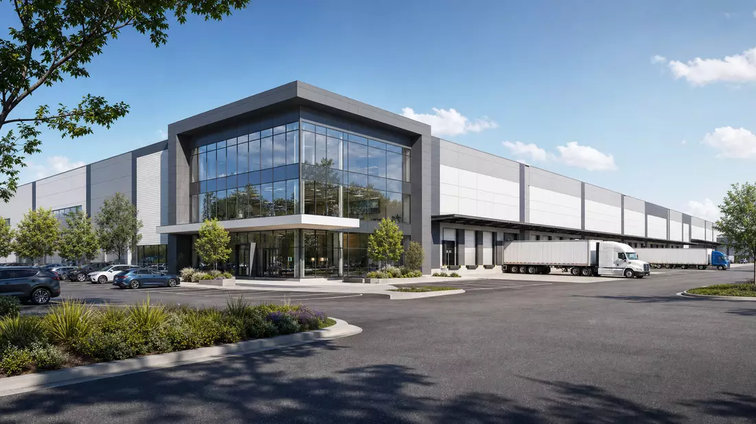 Architektur-Render eines modernen Logistikzentrums für Heimtierbedarf-Einzelhandel
