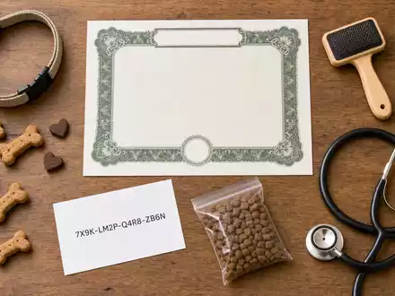 Flatlay-Stillleben mit Aktienzertifikat und ISIN-Karte visualisiert Pets at Home Group Plc, ISIN GB00B29H4253, und Heimtierbedarf-Utensilien - Foto: THN