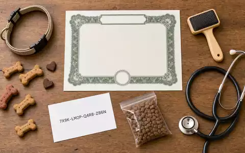Flatlay-Stillleben mit Aktienzertifikat und ISIN-Karte visualisiert Pets at Home Group Plc, ISIN GB00B29H4253, und Heimtierbedarf-Utensilien - Foto: THN