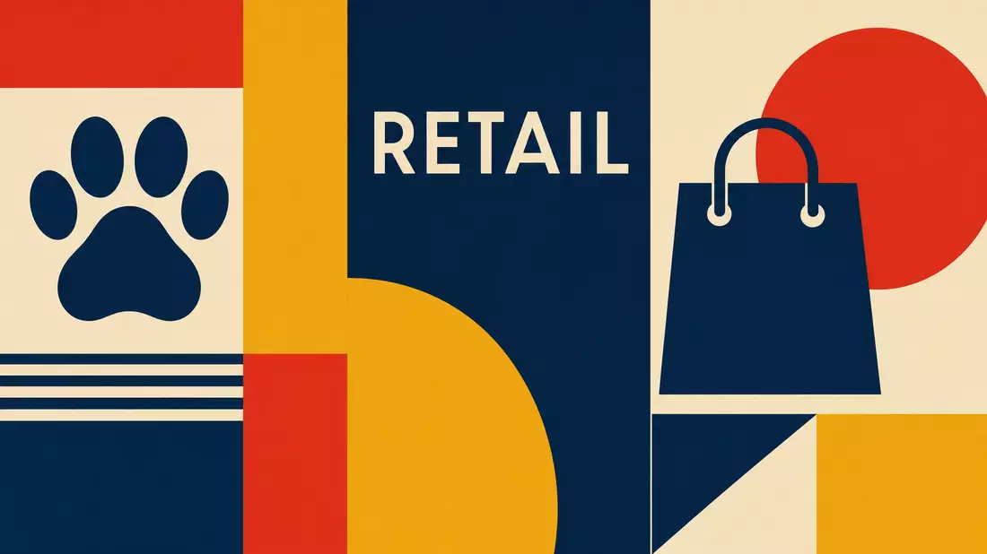Bauhaus-Poster mit geometrischen Formen und Sektor-Kürzel RETAIL in Primärfarben