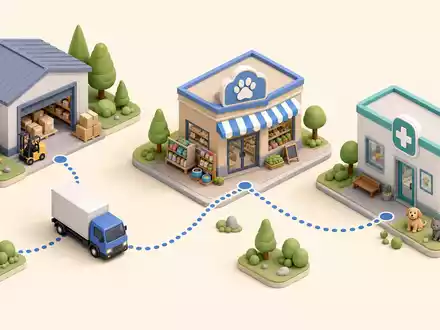Isometrisches 3D-Diagramm zeigt Lieferkette der Pets at Home Group Plc, ISIN GB00B29H4253, bis zur Filiale - Foto: THN