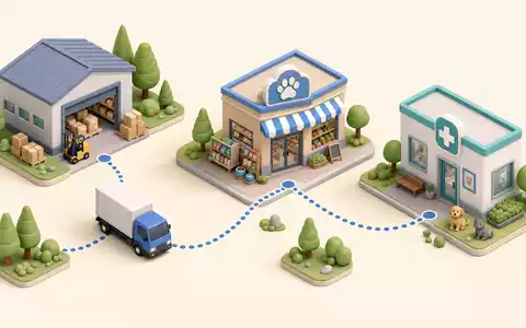 Isometrisches 3D-Diagramm zeigt Lieferkette der Pets at Home Group Plc, ISIN GB00B29H4253, bis zur Filiale - Foto: THN