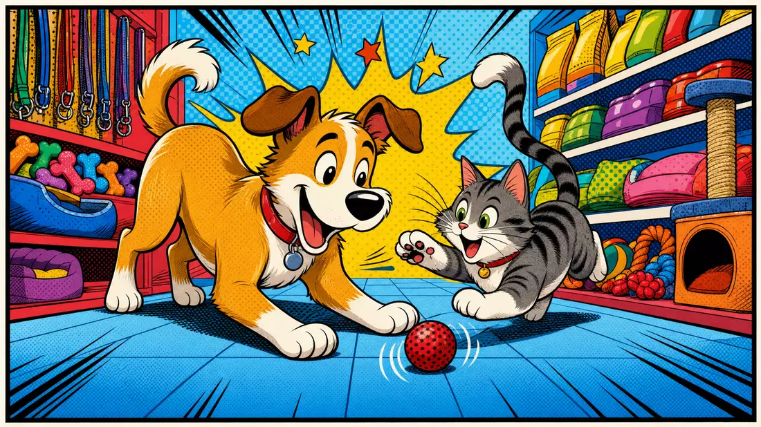 Pop-Art-Comic mit Hund und Katze in bunter Heimtierladen-Szene