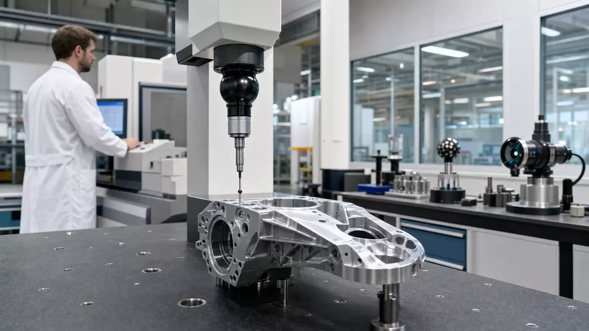 Techniker prüft Metallbauteil mit Koordinatenmessmaschine in moderner Fabrikhalle