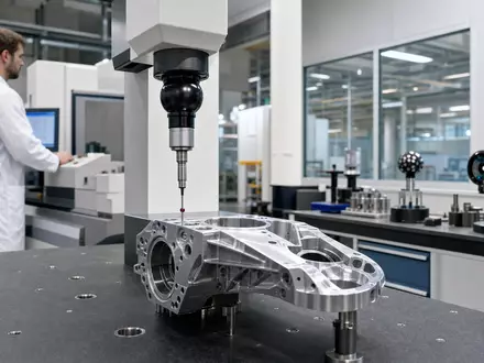 Renishaw plc (GB0007365546) fertigt PrĂ€zisionsmesstechnik, hier eine Koordinatenmessmaschine prĂŒft ein Metallbauteil sorgfĂ€ltig - Foto: THN