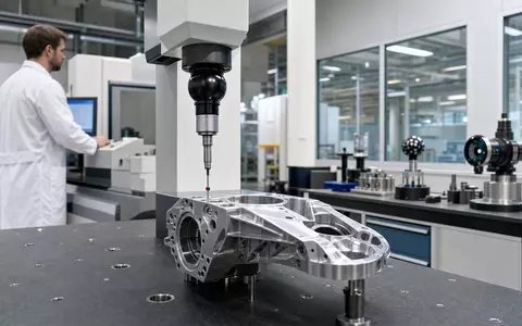 Renishaw plc (GB0007365546) fertigt PrĂ€zisionsmesstechnik, hier eine Koordinatenmessmaschine prĂŒft ein Metallbauteil sorgfĂ€ltig - Foto: THN