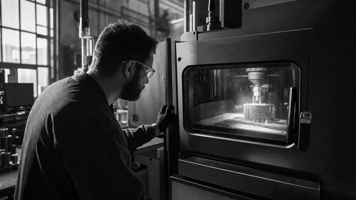 Schwarzweiß-Reportagefoto eines Ingenieurs an einer Metall-3D-Druckmaschine