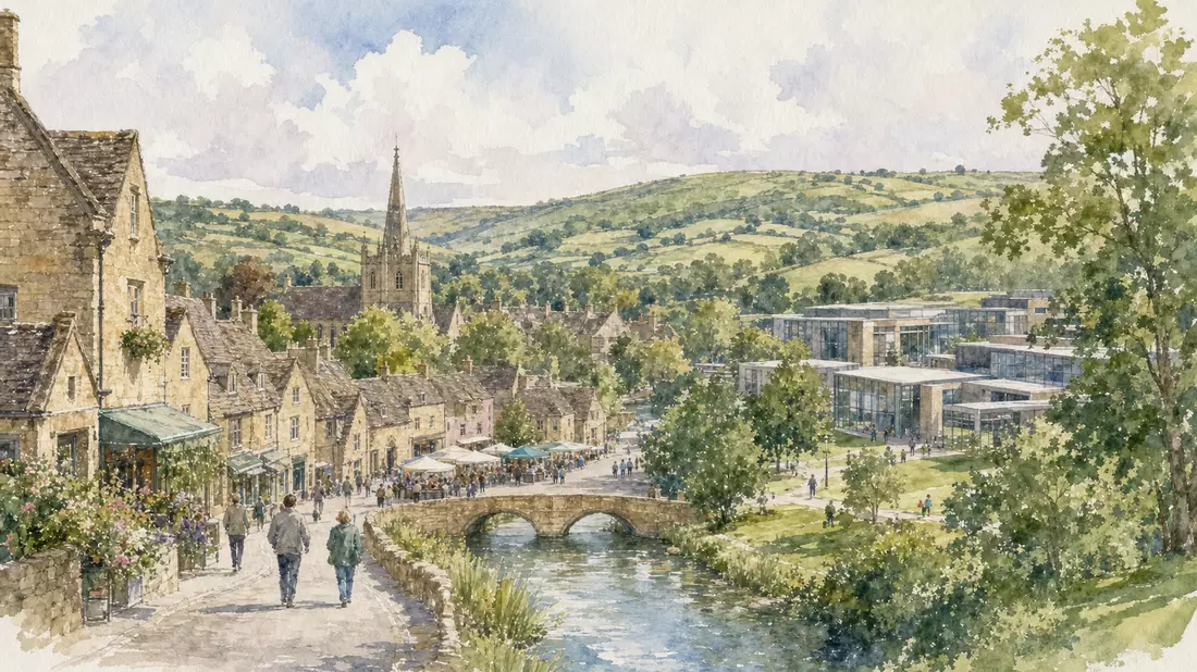 Aquarellmalerei einer englischen Cotswolds-Stadt mit modernem Technologiegebäude