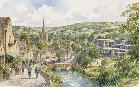 Renishaw plc (GB0007365546) hat Firmensitz nahe den Cotswolds, hier als malerisches Aquarell mit Technologiegebäude dargestellt - Foto: THN