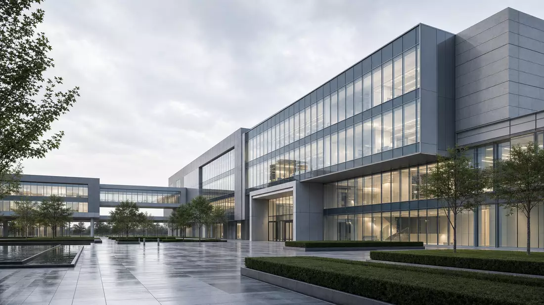Architektur-Render eines modernen Technologiecampus mit Glasfassade und Grünflächen