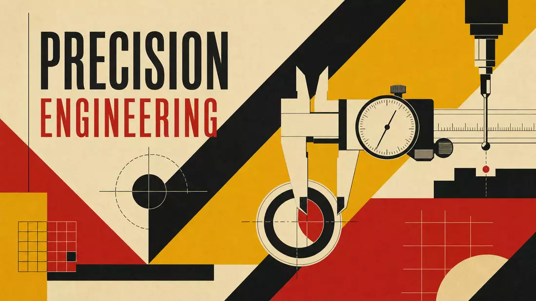 Geometrisches Bauhaus-Poster mit Messschieber-Motiv und Text Precision Engineering