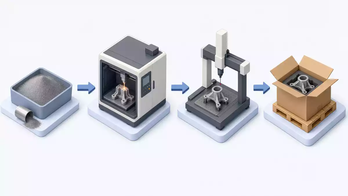 Isometrische 3D-Illustration einer Fertigungskette von Pulver bis Versandpaket