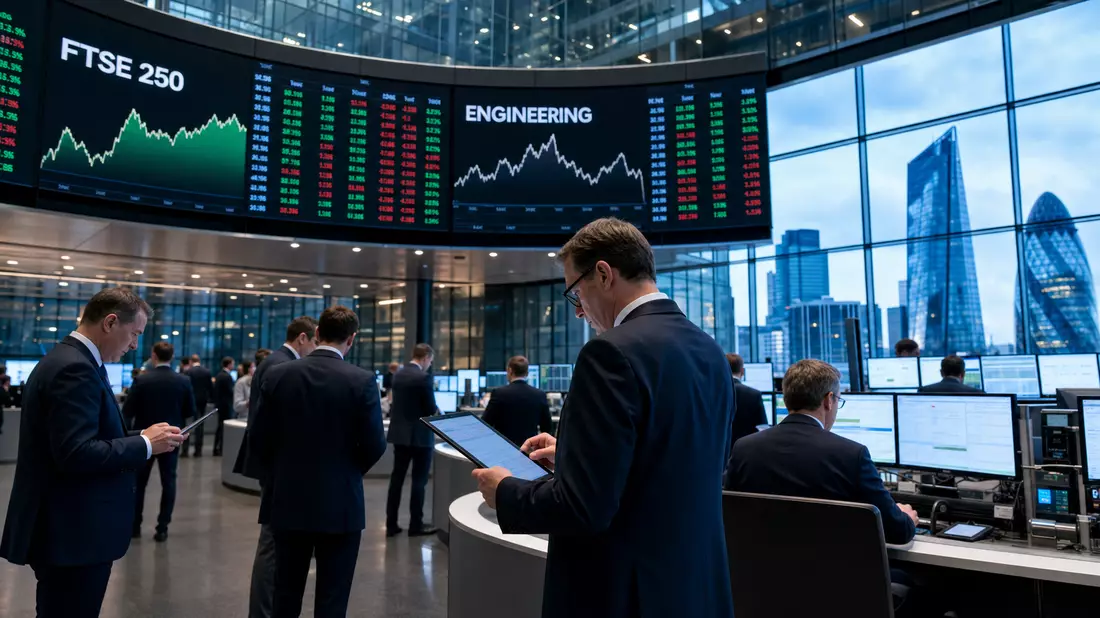 Editorial-Foto eines Börsenhandelssaals mit FTSE 250 Chart-Anzeigen im Hintergrund
