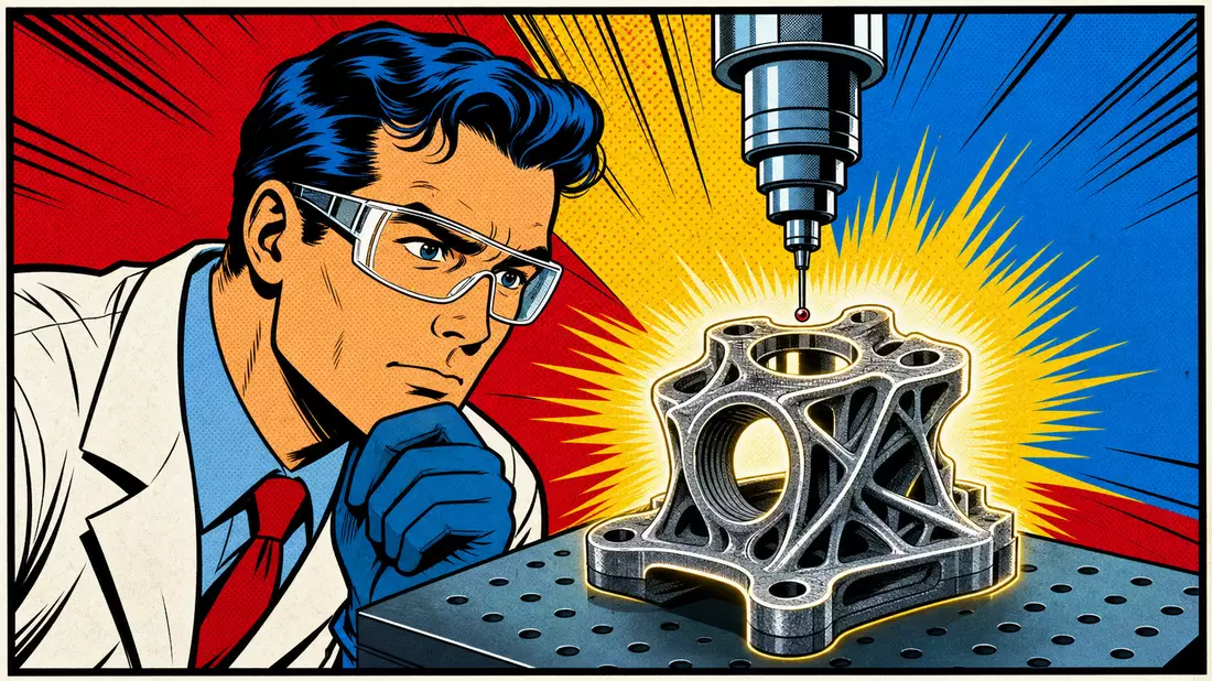 Pop-Art-Comic-Illustration eines Ingenieurs mit leuchtendem 3D-gedrucktem Metallbauteil