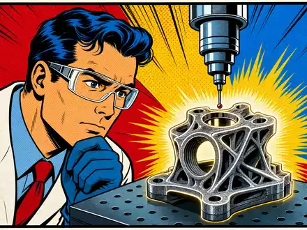 Renishaw plc (GB0007365546) inspiriert diese farbenfrohe Pop-Art-Comic-Szene mit Ingenieur und leuchtendem 3D-gedrucktem Bauteil - Foto: THN