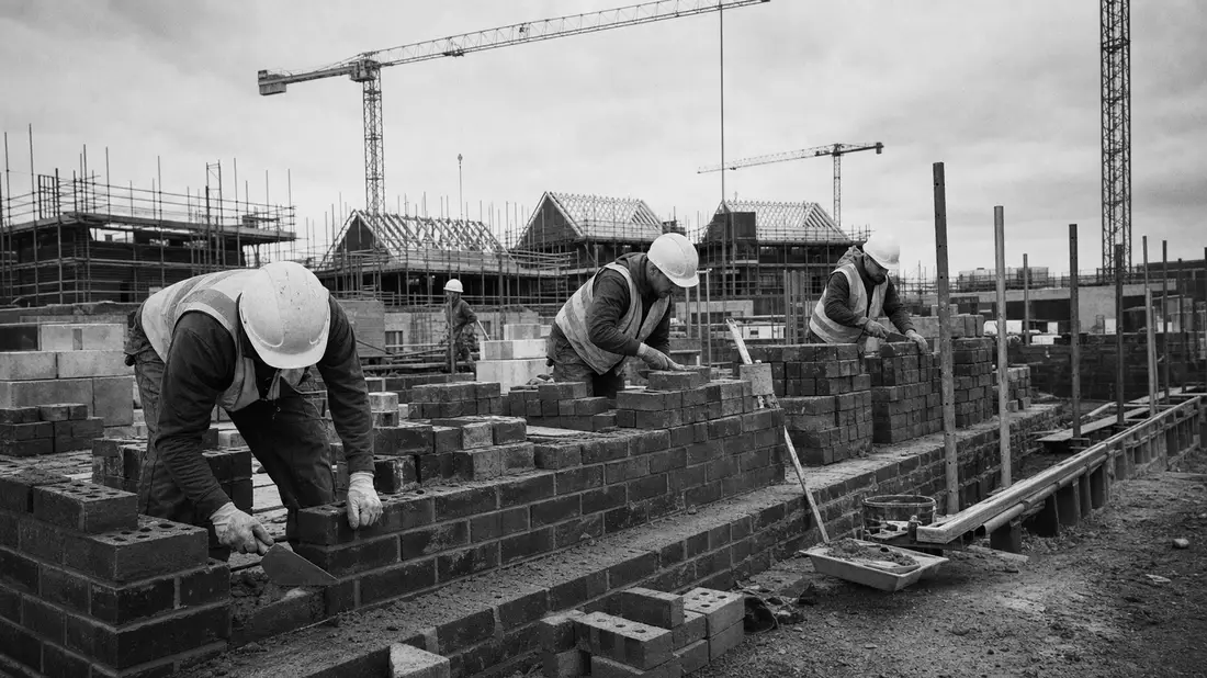 Schwarzweiß-Reportagefoto von Bauarbeitern beim Ziegelmauern auf einer Wohnbaustelle