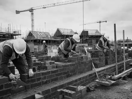 Redrow plc (GB0007323586) zeigt im Wohnungsbau, wie Bauarbeiter Ziegelmauern auf britischen Baustellen errichten - Foto: THN