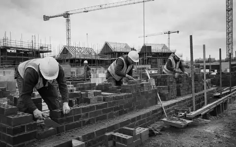 Redrow plc (GB0007323586) zeigt im Wohnungsbau, wie Bauarbeiter Ziegelmauern auf britischen Baustellen errichten - Foto: THN