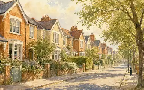 Redrow plc (GB0007323586) erinnert an malerische Wohnstraßen, hier als sanftes Aquarell einer englischen Siedlung dargestellt - Foto: THN