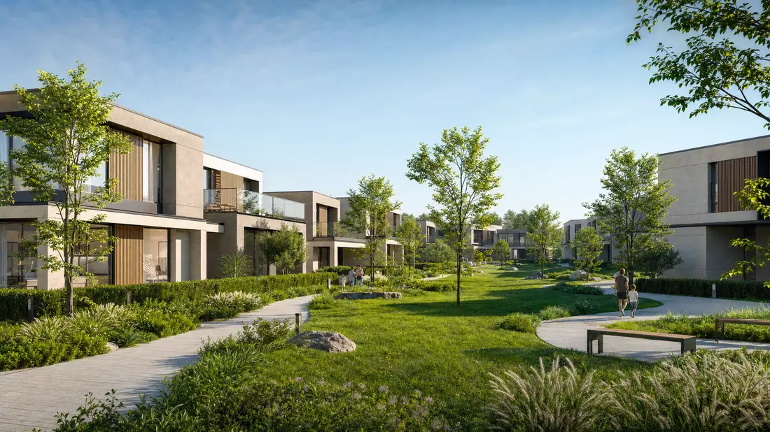 Architektur-Render einer modernen Wohnanlage mit Grünflächen und minimalistischen Häusern