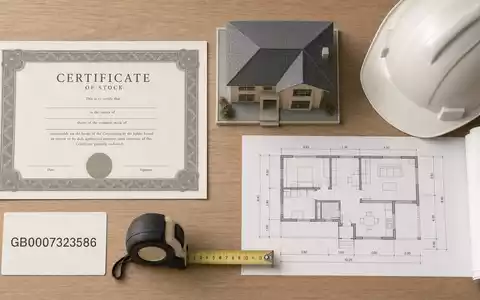 Redrow plc (GB0007323586) symbolisiert dieses Flatlay mit Aktienzertifikat, Bauplan, Hausmodell und der ISIN-Karte - Foto: THN