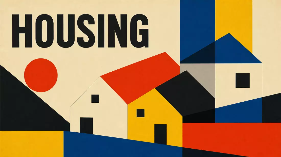 Bauhaus-Poster mit geometrischen Häuserformen und dem Schriftzug HOUSING