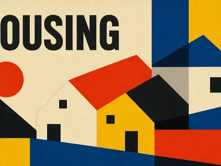 Redrow plc (GB0007323586) inspiriert dieses geometrische Bauhaus-Poster mit stilisierten Häuserformen und dem Wort HOUSING - Foto: THN