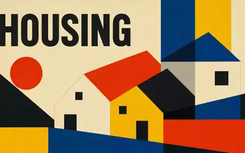Redrow plc (GB0007323586) inspiriert dieses geometrische Bauhaus-Poster mit stilisierten Häuserformen und dem Wort HOUSING - Foto: THN
