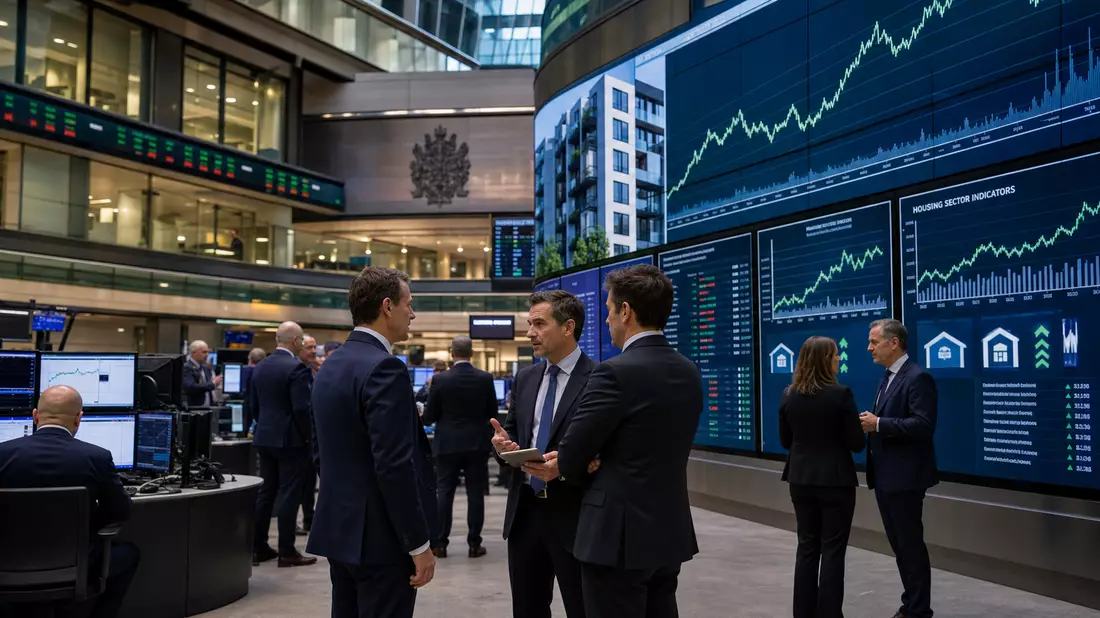 Trading-Floor mit großen Bildschirmen und Charts zum Wohnungsbausektor
