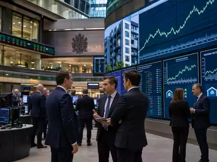 Redrow plc (GB0007323586) notiert an der Londoner Börse, editorielle Szene mit Wohnsektor-Charts auf Trading-Floor - Foto: THN