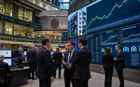 Redrow plc (GB0007323586) notiert an der Londoner Börse, editorielle Szene mit Wohnsektor-Charts auf Trading-Floor - Foto: THN