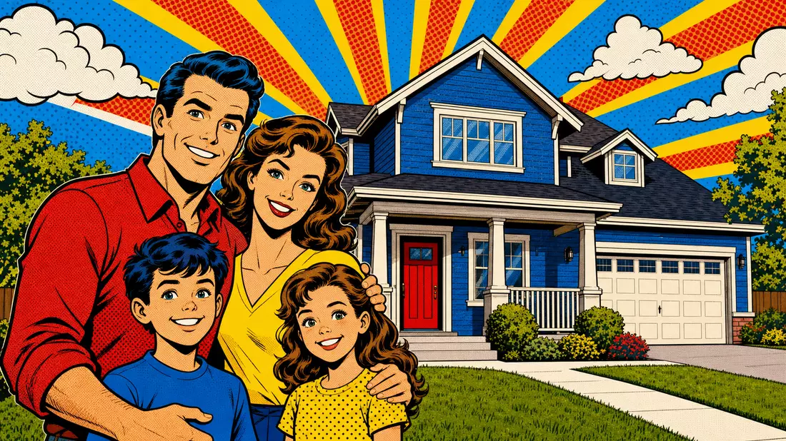 Pop-Art-Comic-Illustration einer lächelnden Familie vor ihrem neuen Eigenheim